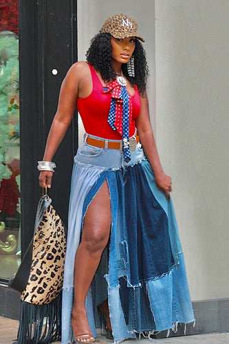 Split The Patch Denim Maxi Skirt- Specialty