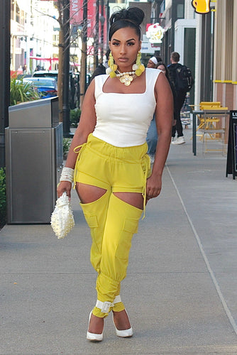 Drawstring Peek-A-Boo Cargo Trouser- Chartreuse