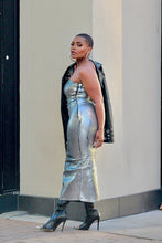 Load image into Gallery viewer, Shine Bright Metallic Denim Midi Dress