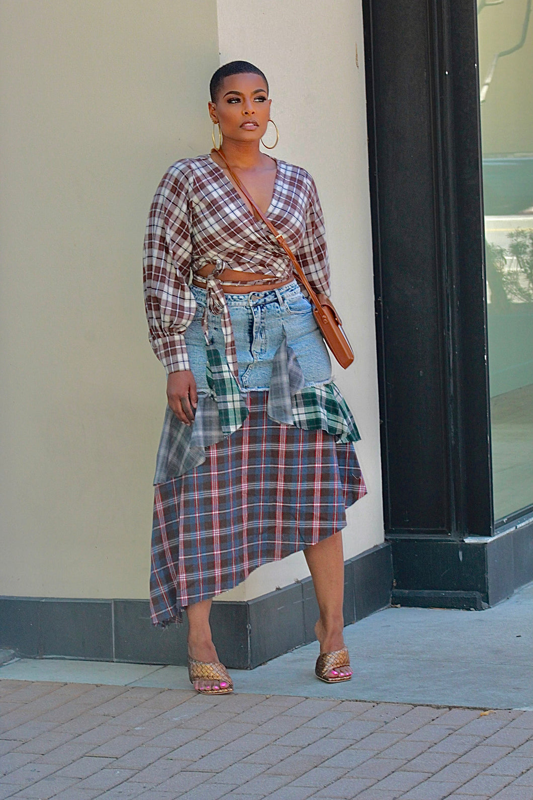 Patchwork Plaid Flare Denim Skirt Spoiled Boutique