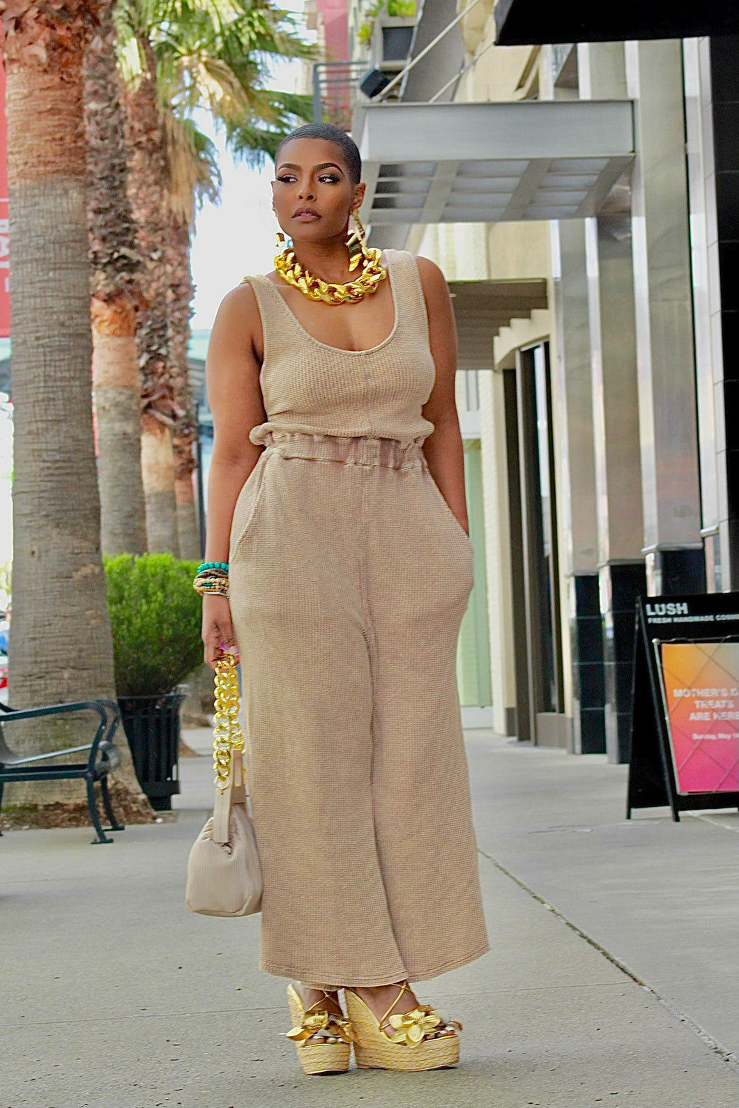 Waffle Knit Jumpsuit- Taupe