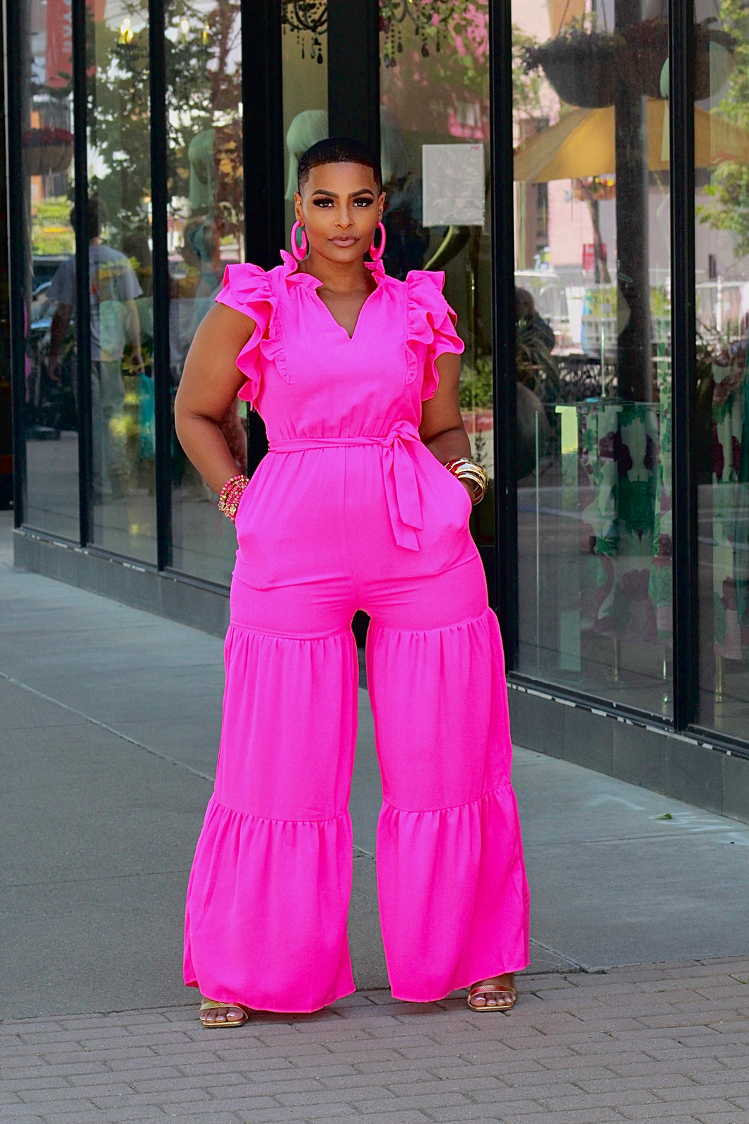 70s Girl Ruffle Jumpsuit - Fuschia