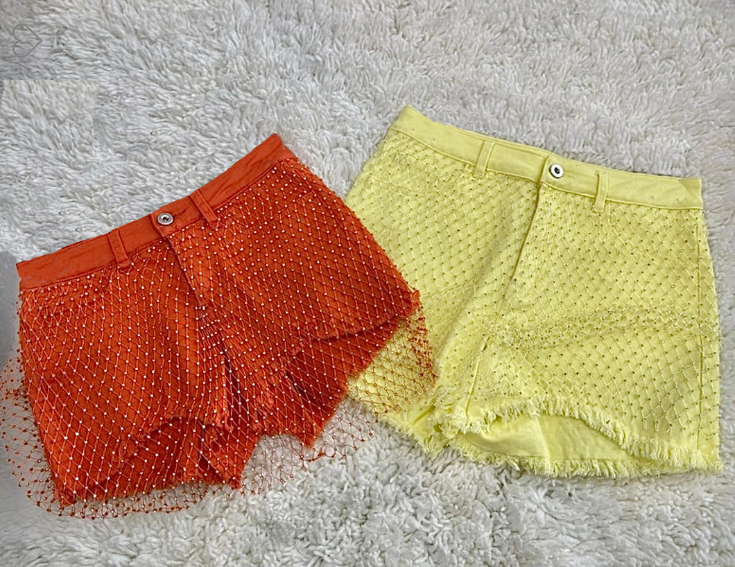 Crystal Net Denim Shorts- Yellow